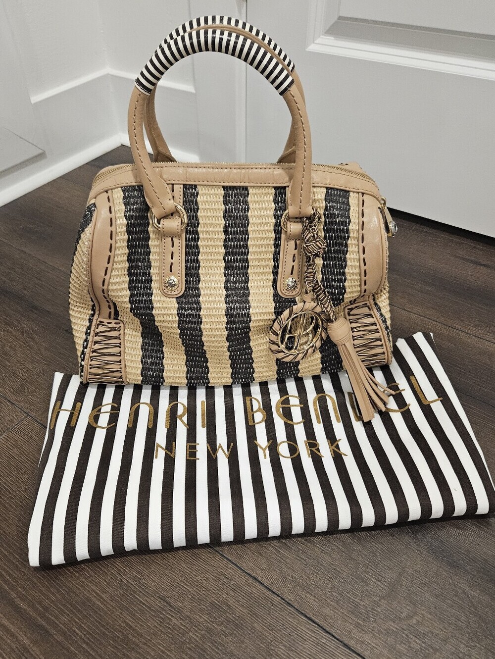 Henri Bendel Woven Striped Satchel Bag | Rare Straw & Leather Bowler | Dust Bag